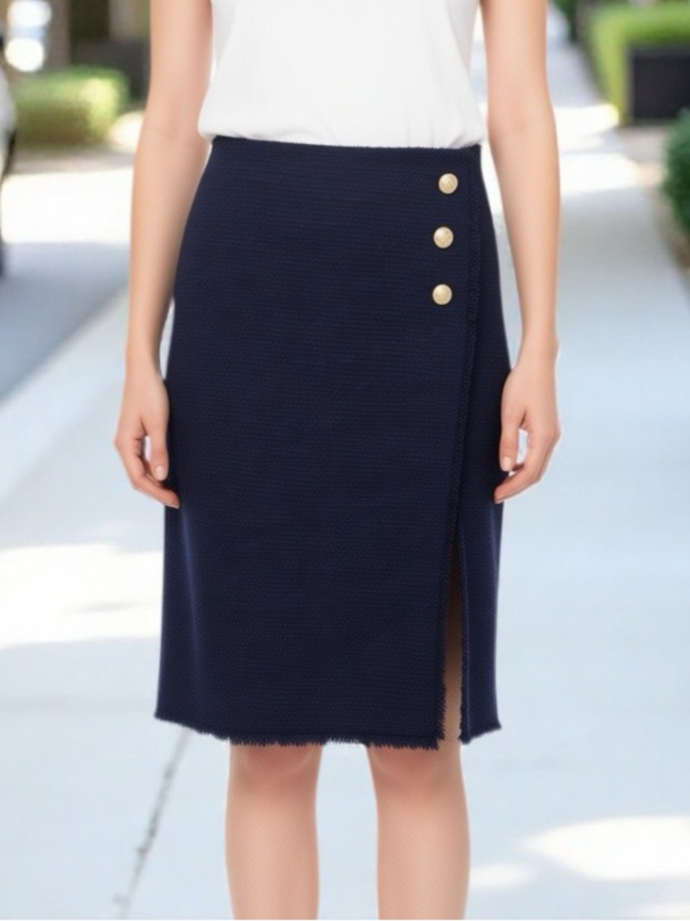 Talbots Navy Textured Pencil Skirt with Button Accents NWT